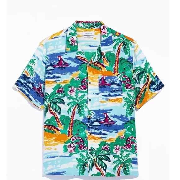 UO Painted Paradise Rayon Short Sleeve Button-Down Shirt - Picture 1 of 5